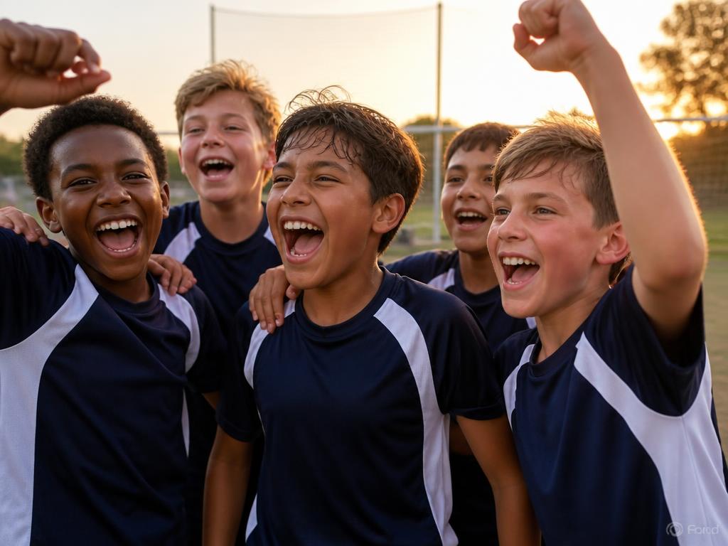 Young footballers celebrating together with confidence