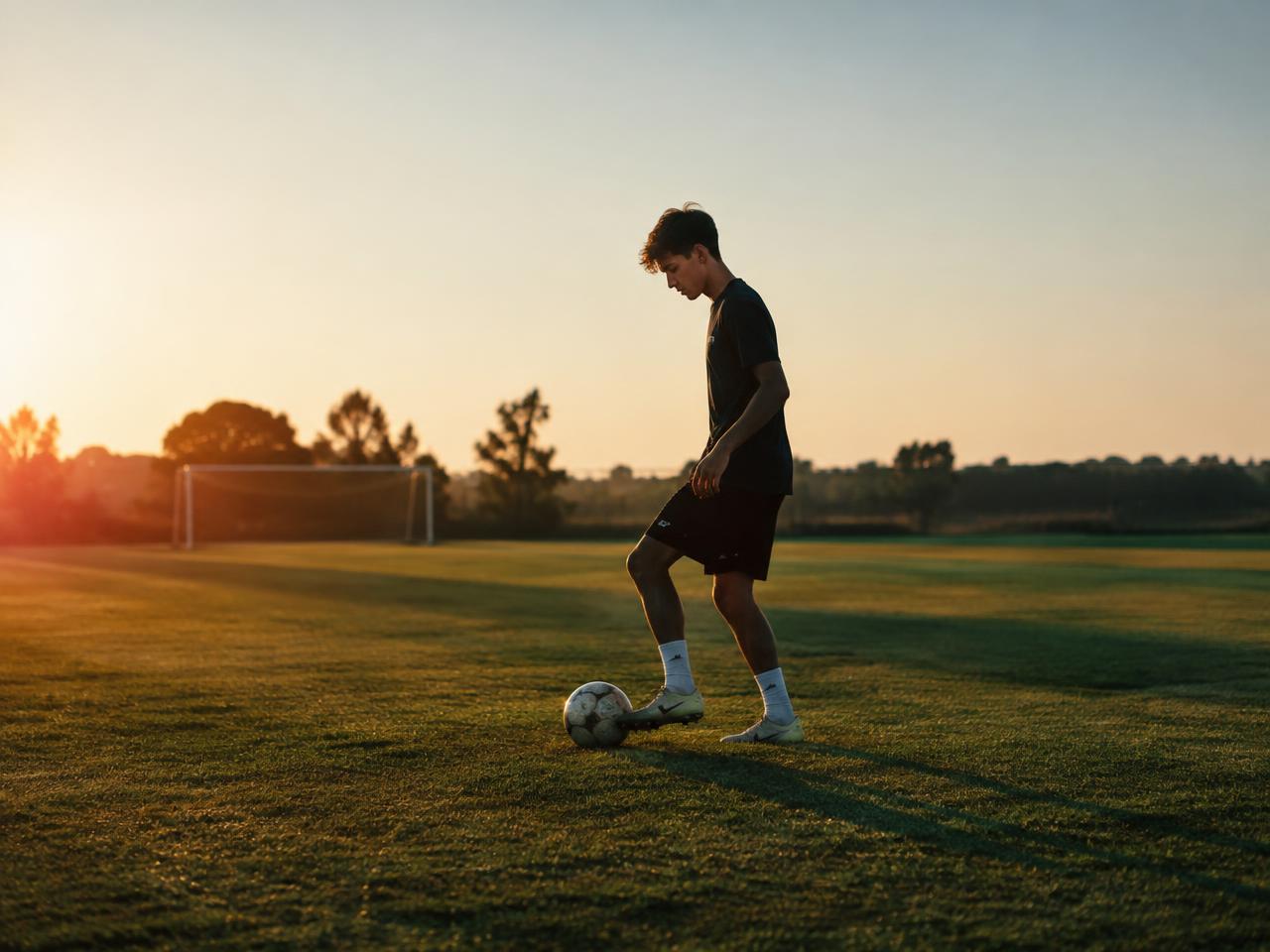 A young footballer practising alone with a ball in evening light