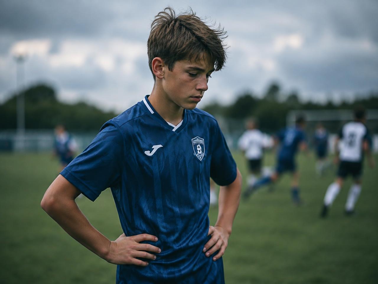 A young footballer deep in thought during a match