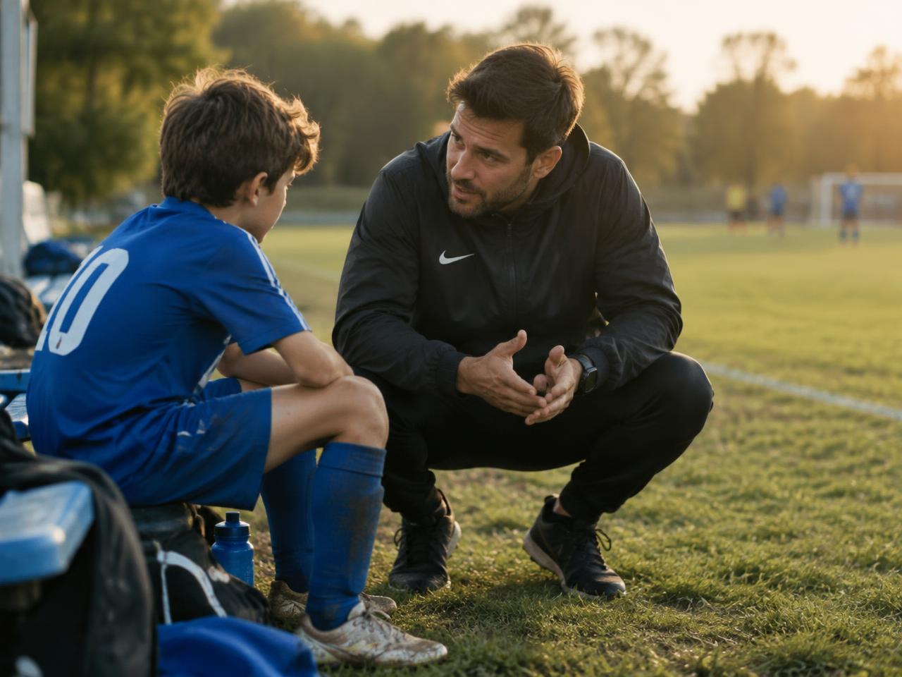 A coach talking encouragingly with a young footballer at the side of a pitch
