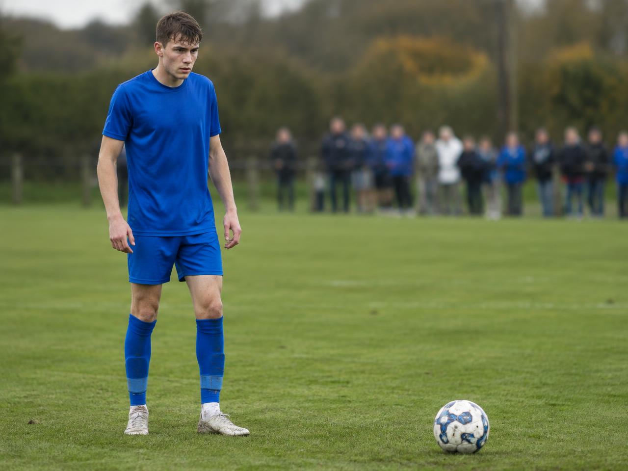 A young footballer standing over the ball before a penalty